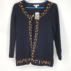 Dress Barn Women's Black Crochet Knit Cardigan 3/4 Sleeve Beaded Size M